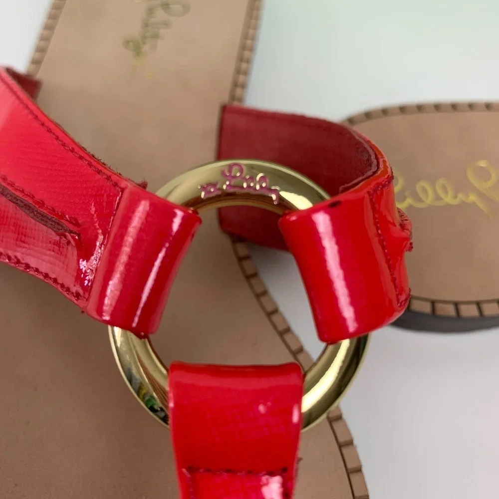 New Lilly Pulitzer McKim Saffiano Leather Thong Sandals 6.5 Daiquiri Pink Coral